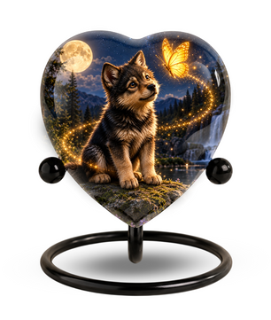 Wolf Memorial Wind Chime – Heart-Shaped Wolf and Butterfly Remembrance Garden Decoration