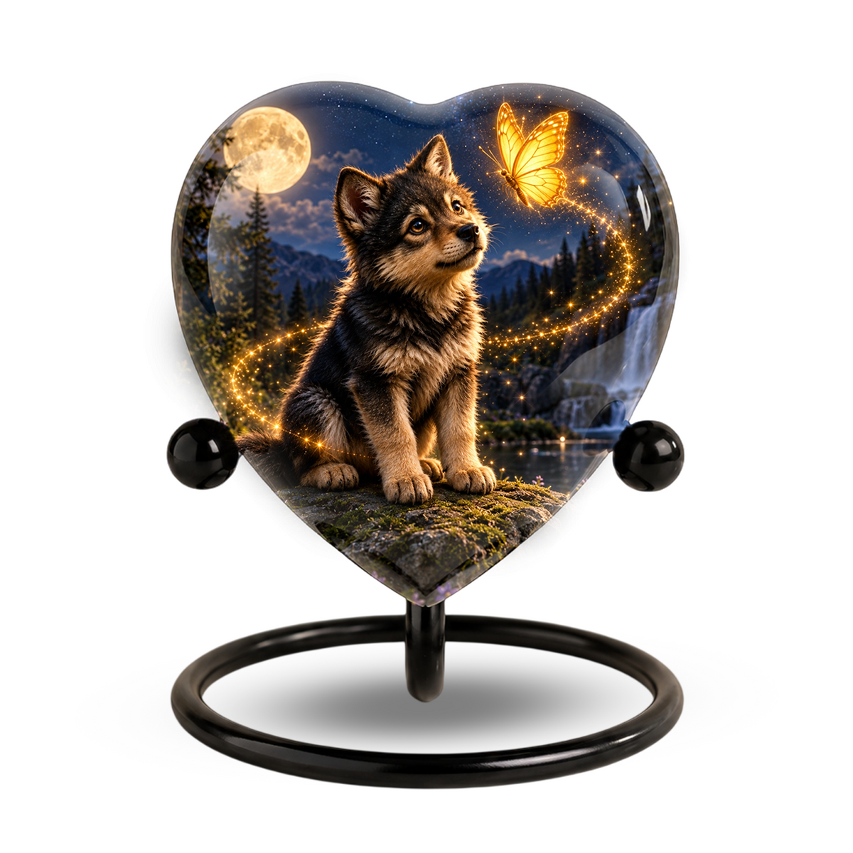 Wolf Memorial Wind Chime – Heart-Shaped Wolf and Butterfly Remembrance Garden Decoration