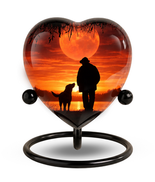Heart Shaped Urn for Dad – Sunset Memorial Urn with Man & Dog, Personalized Urn for Dad,