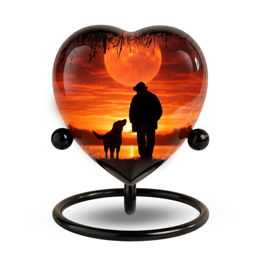 Heart Shaped Urn for Dad – Sunset Memorial Urn with Man & Dog, Personalized Urn for Dad,