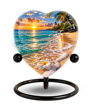 Beach Sunset Cremation Urn for Ashes, Tropical Ocean Memorial Urn, Heart Shaped Beach Urn, Personalized Coastal Urn,