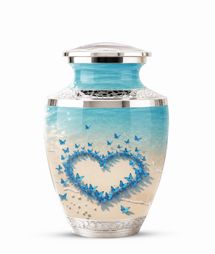 Custom Blue Butterfly Heart Cremation Urn for Mom, Beach Memorial Keepsake Urn