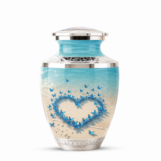 Custom Blue Butterfly Heart Cremation Urn for Mom, Beach Memorial Keepsake Urn