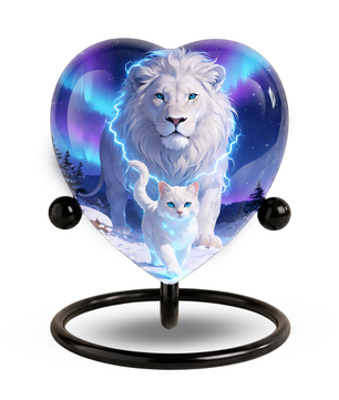 White Lion and White Cat Heart Memorial Urn – Adult Urn, Urns for Adult Ashes