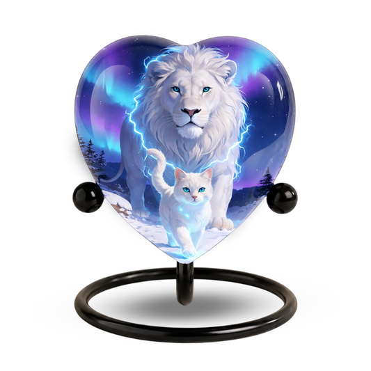 White Lion and White Cat Heart Memorial Urn – Adult Urn, Urns for Adult Ashes