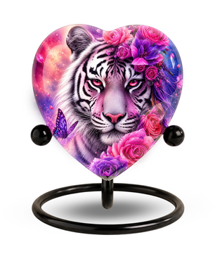 White Tiger Urn – Tiger Cremation Urn, Heart-Shaped Memorial Urn with Pink Roses
