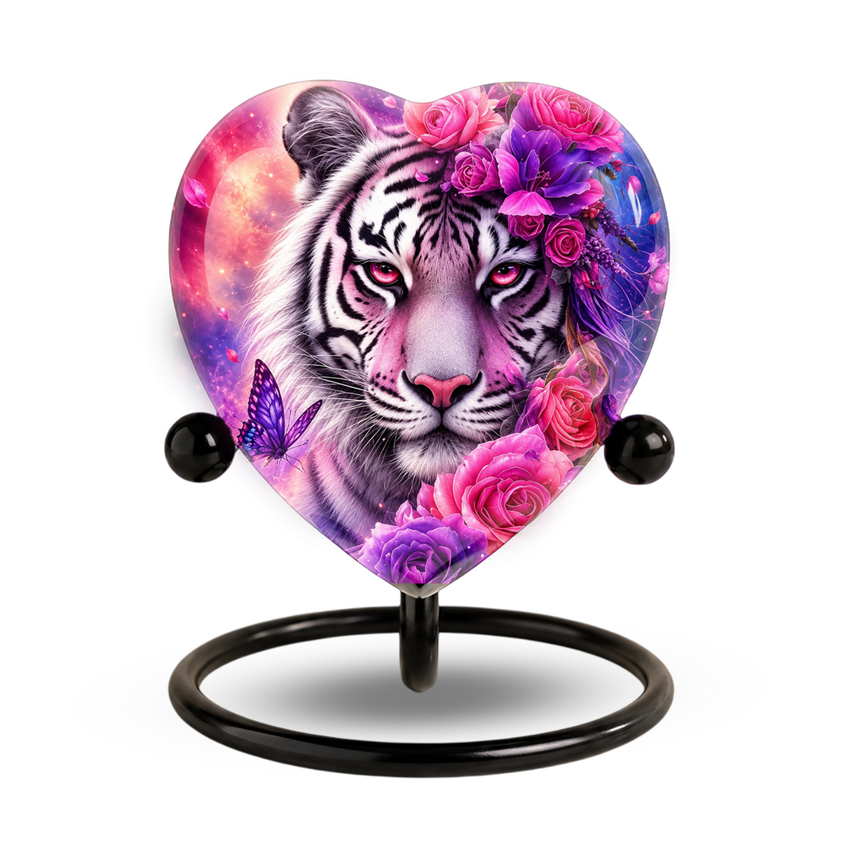 White Tiger Urn – Tiger Cremation Urn, Heart-Shaped Memorial Urn with Pink Roses