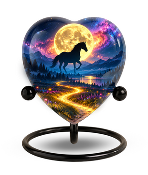 Horse Adult Urn for Ashes, Black Horse and Golden Moon Memorial Urn, Celestial Mountain Cremation Urn