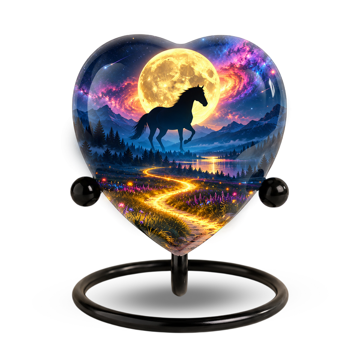 Horse Adult Urn for Ashes, Black Horse and Golden Moon Memorial Urn, Celestial Mountain Cremation Urn