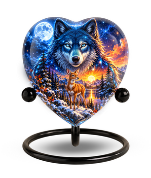 Wolf and Deer Adult Urn for Ashes, Blue Wolf and Fawn Memorial Urn, Celestial Wildlife Cremation Urn