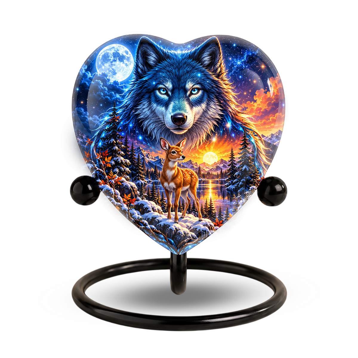 Wolf and Deer Adult Urn for Ashes, Blue Wolf and Fawn Memorial Urn, Celestial Wildlife Cremation Urn