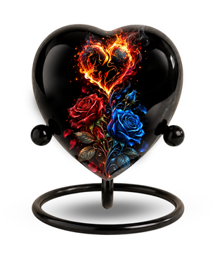 Fire and Roses Adult Cremation Urn for Ashes, Personalized Heart Urn, Red & Blue Rose Memorial Urn, Flame Cremation Urn, Adult Urn