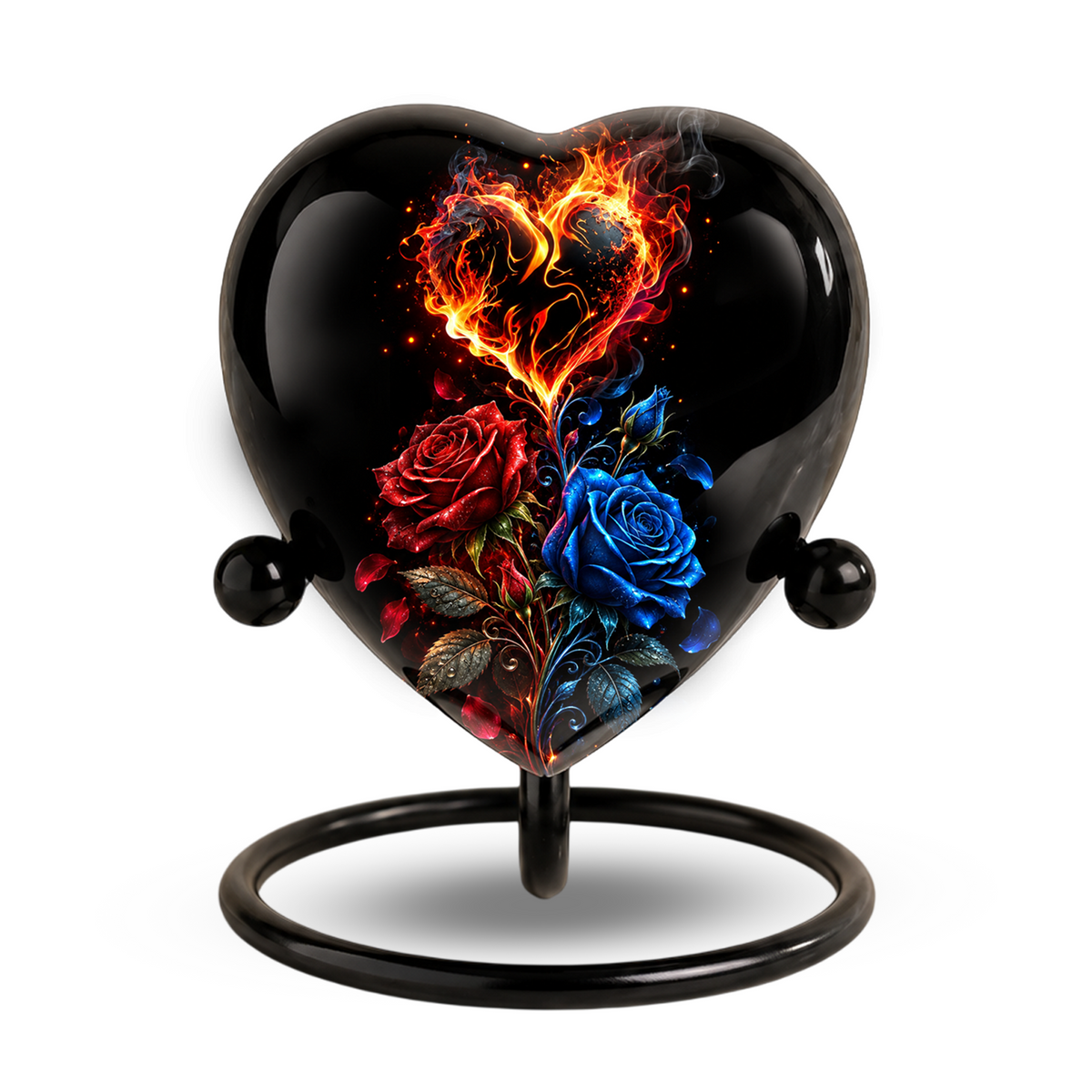 Fire and Roses Adult Cremation Urn for Ashes, Personalized Heart Urn, Red & Blue Rose Memorial Urn, Flame Cremation Urn, Adult Urn