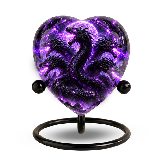 Five Headed Dragon Adult Cremation Urn for Ashes, Purple Dragon Memorial Urn, Fantasy Dragon Urn, Personalized Heart Shaped Adult Urn
