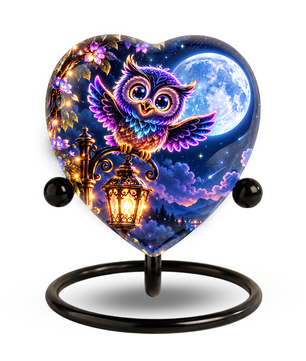Heart-Shaped Owl Cremation Urn for Ashes – Personalized Night Sky Memorial Urn
