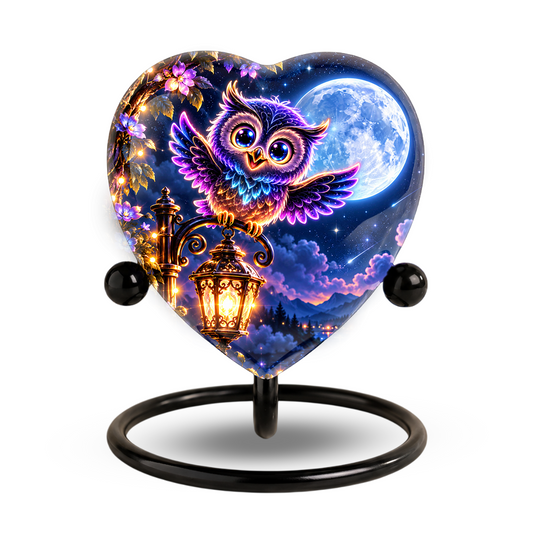 Heart-Shaped Owl Cremation Urn for Ashes – Personalized Night Sky Memorial Urn