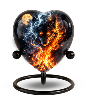 Fire and Ice Wolf Adult Urn for Ashes, Fiery Wolf Memorial Urn, Black Wolf Cremation Urn