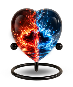 Heart Shaped Red and Blue Hearts Urn for Ashes, Flame Cremation Urn, Romantic Love Memorial Urn for Human Ashes