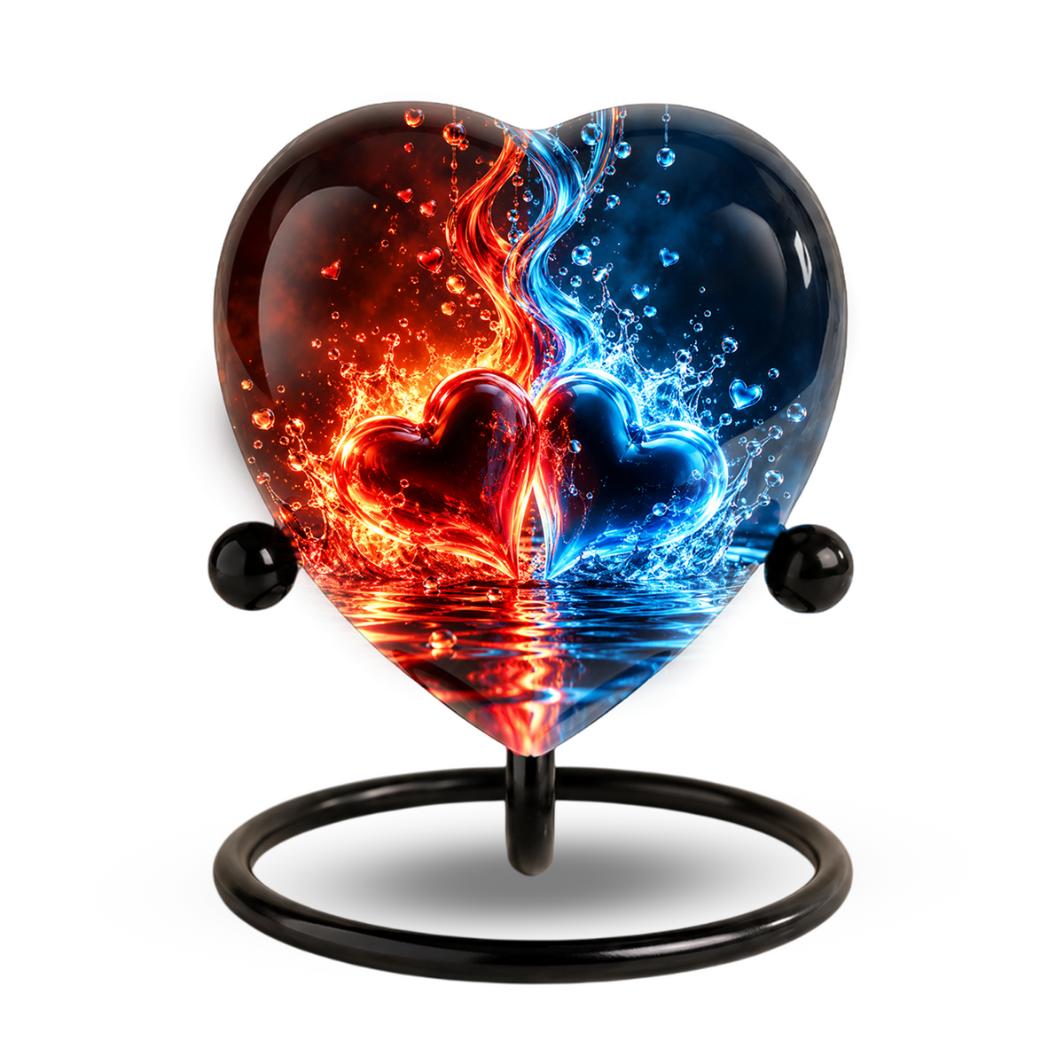Heart Shaped Red and Blue Hearts Urn for Ashes, Flame Cremation Urn, Romantic Love Memorial Urn for Human Ashes
