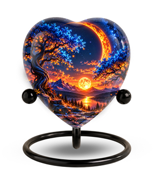 Heart Shaped Moon Urn for Ashes, Celestial Sunset Cremation Urn, Blue Tree and Crescent Moon Memorial Urn