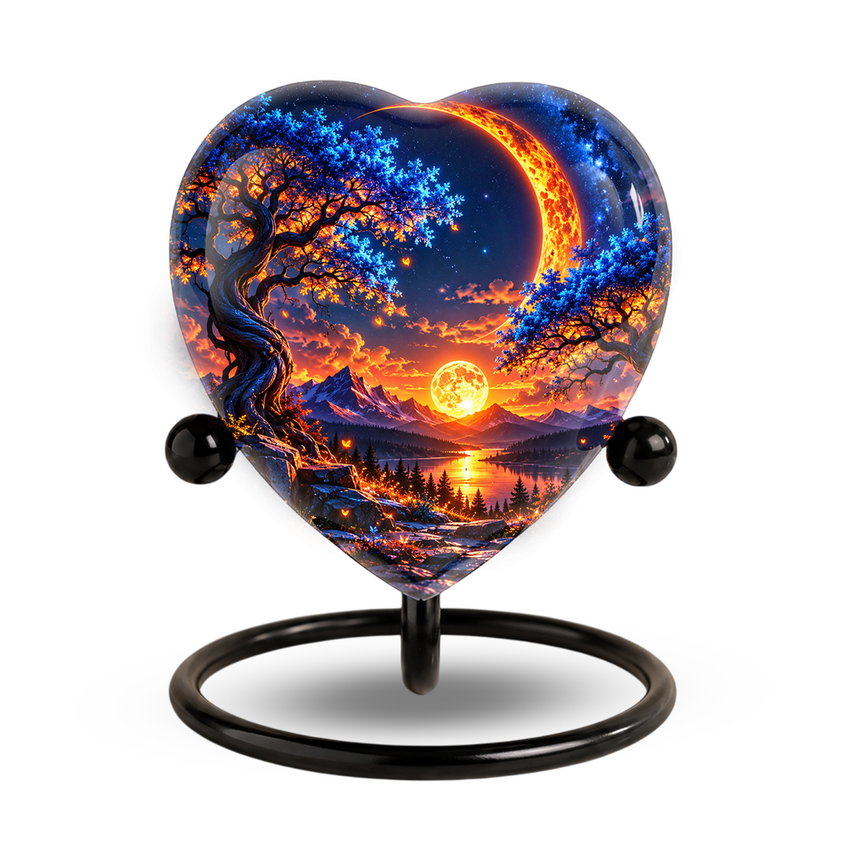 Heart Shaped Moon Urn for Ashes, Celestial Sunset Cremation Urn, Blue Tree and Crescent Moon Memorial Urn