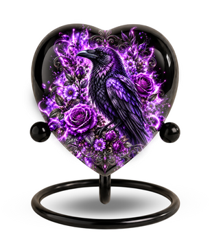 Purple Raven Heart Cremation Urn for Ashes, Raven Memorial Urn, Purple Floral Urn, Crow Urn for Ashes, Gothic Heart Cremation Urn