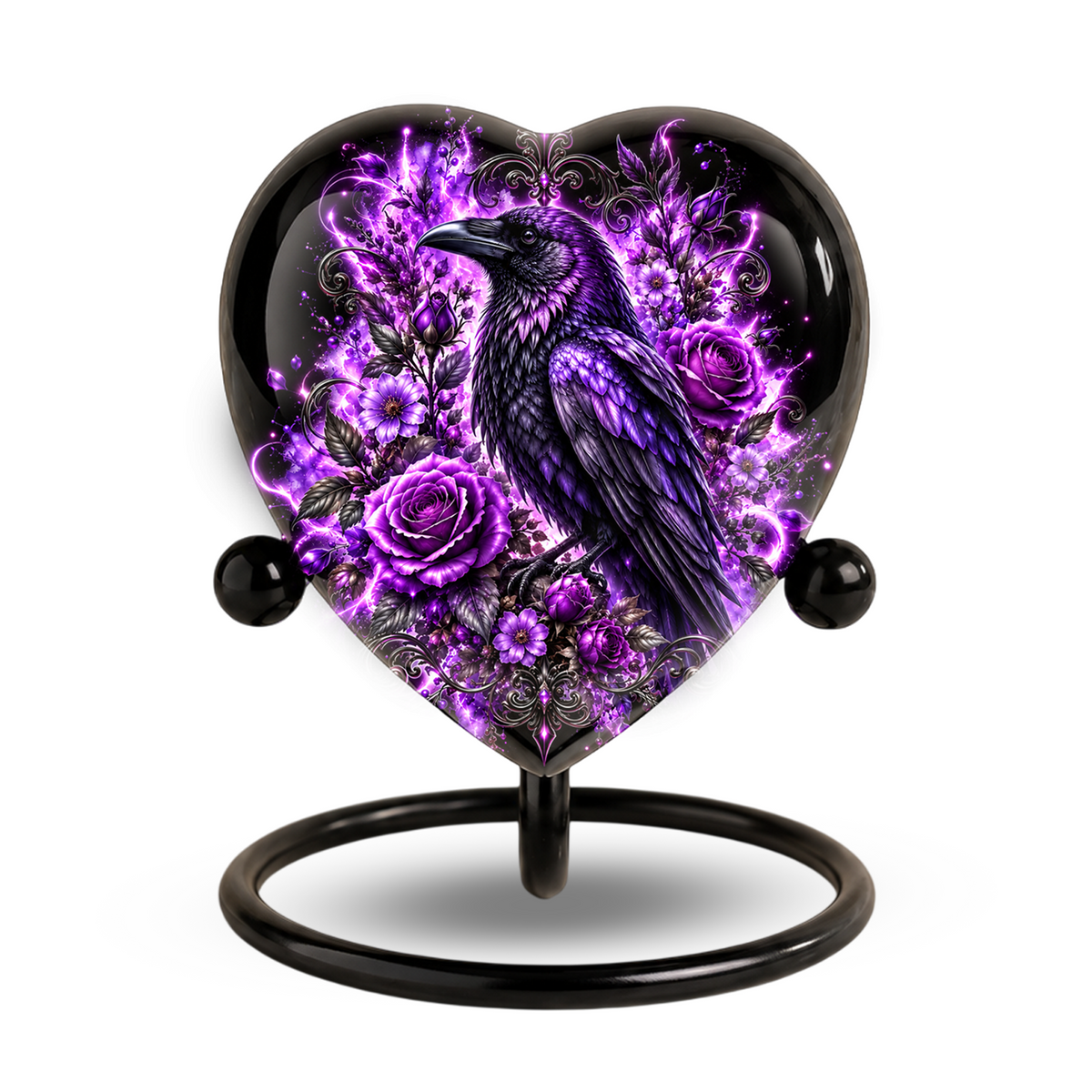 Purple Raven Heart Cremation Urn for Ashes, Raven Memorial Urn, Purple Floral Urn, Crow Urn for Ashes, Gothic Heart Cremation Urn