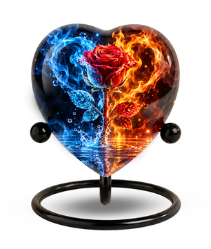 Heart Shaped Red Rose Urn for Ashes, Blue and Orange Flame Cremation Urn