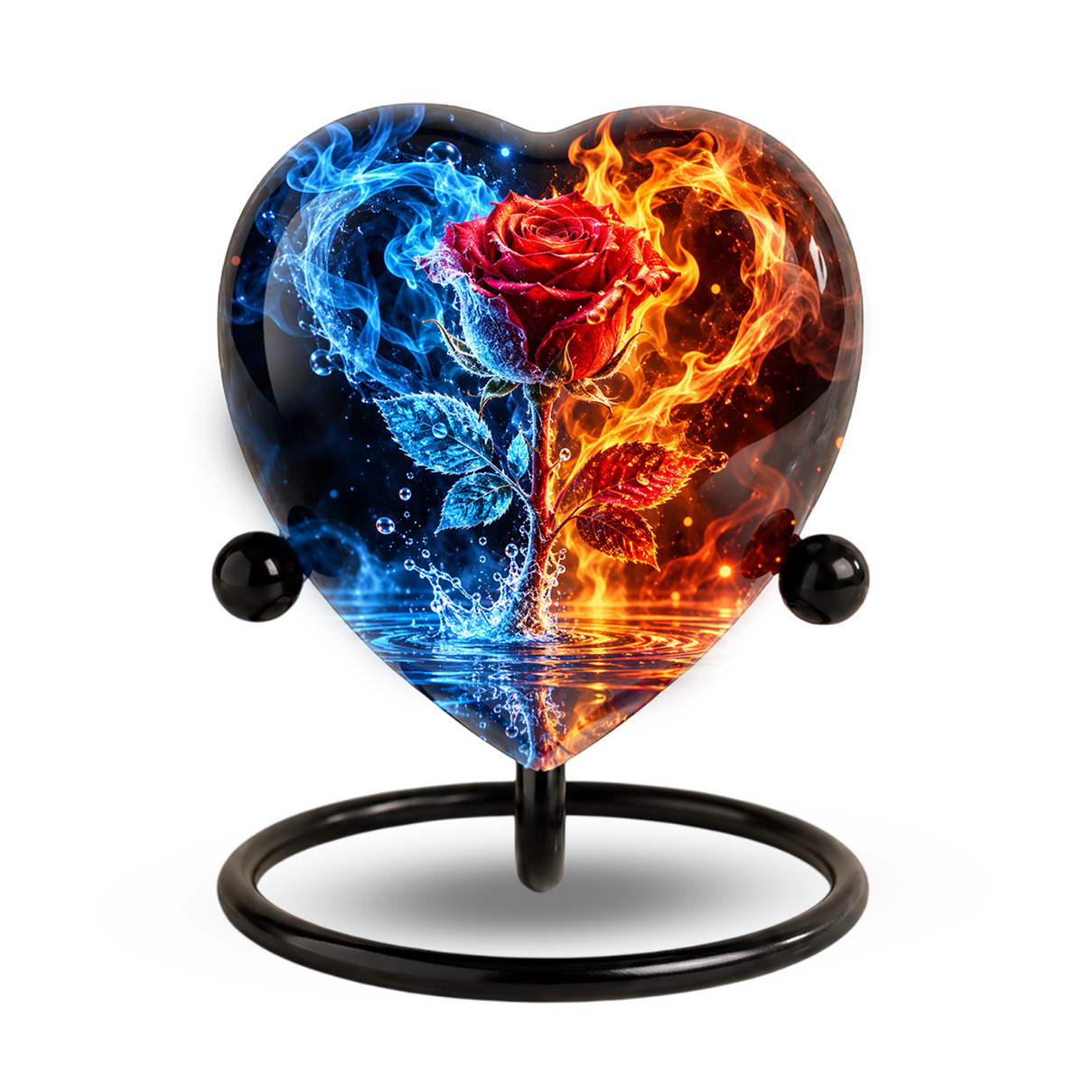 Heart Shaped Red Rose Urn for Ashes, Blue and Orange Flame Cremation Urn