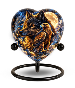 Heart Shaped Wolf and Eagle Urn for Ashes, Wildlife Cremation Urn, Celestial Moon Animal Memorial Urn