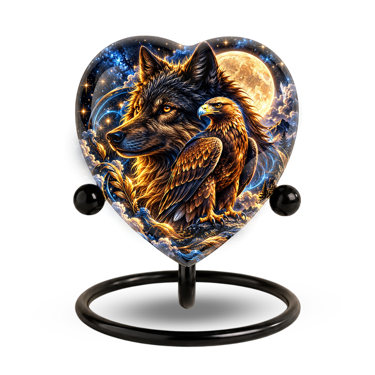 Heart Shaped Wolf and Eagle Urn for Ashes, Wildlife Cremation Urn, Celestial Moon Animal Memorial Urn