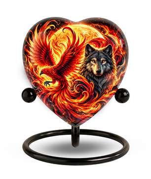 Heart Shaped Wolf and Phoenix Urn for Ashes, Personalized Fantasy Cremation Urn