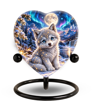 Heart Shaped Wolf Urn for Ashes, White Wolf Puppy Cremation Urn, Northern Lights Pet Memorial Urn