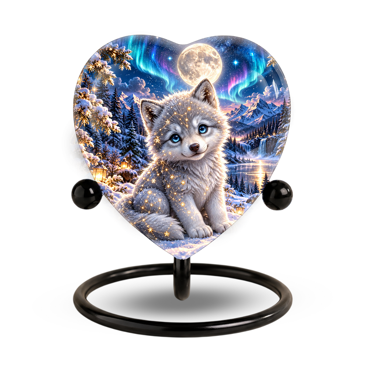 Heart Shaped Wolf Urn for Ashes, White Wolf Puppy Cremation Urn, Northern Lights Pet Memorial Urn