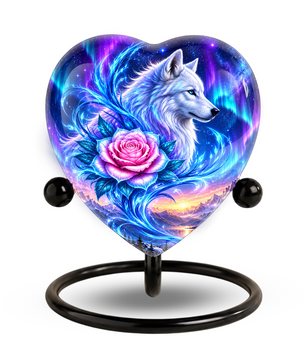 Heart Shaped White Wolf Urn for Ashes, Pink Rose Cremation Urn, Aurora Borealis Wolf Memorial Urn