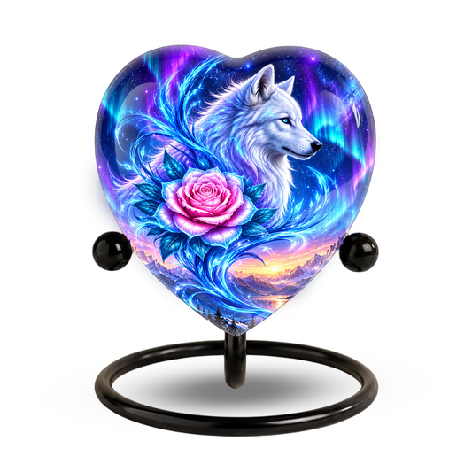 Heart Shaped White Wolf Urn for Ashes, Pink Rose Cremation Urn, Aurora Borealis Wolf Memorial Urn