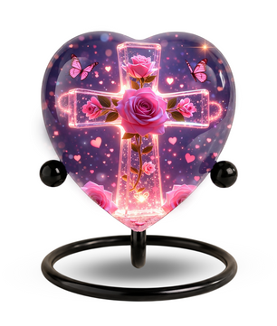 Rose Cross Adult Urn for Ashes, Pink Rose Memorial Adult Cremation Urn, Heart Shaped Urn for Adult Ashes,