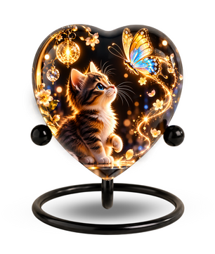 Heart Shaped Cat Urn for Ashes, Kitten and Butterfly Cremation Urn, Personalized Pet Memorial Urn for Human Ashes