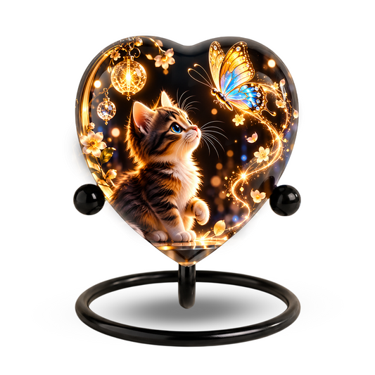 Heart Shaped Cat Urn for Ashes, Kitten and Butterfly Cremation Urn, Personalized Pet Memorial Urn for Human Ashes