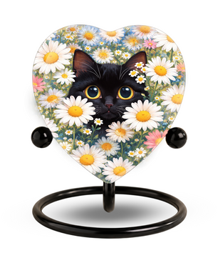 Personalized Black Cat Urn for Ashes – Heart-Shaped White Daisy Memorial,Floral Cat Cremation Urn