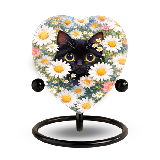 Personalized Black Cat Urn for Ashes – Heart-Shaped White Daisy Memorial,Floral Cat Cremation Urn