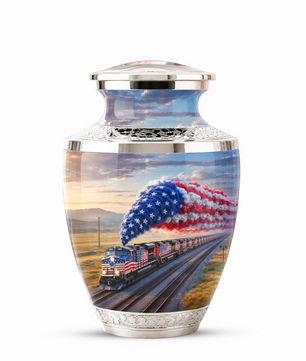 Train Cremation Urn for Dad, Patriotic Railroad Memorial Urn, American Train Keepsake for Father