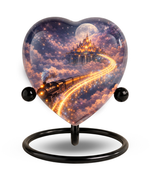 Fantasy Heart Adult Urn for Human Ashes – Enchanted Castle & Train Memorial Adult Cremation Urn