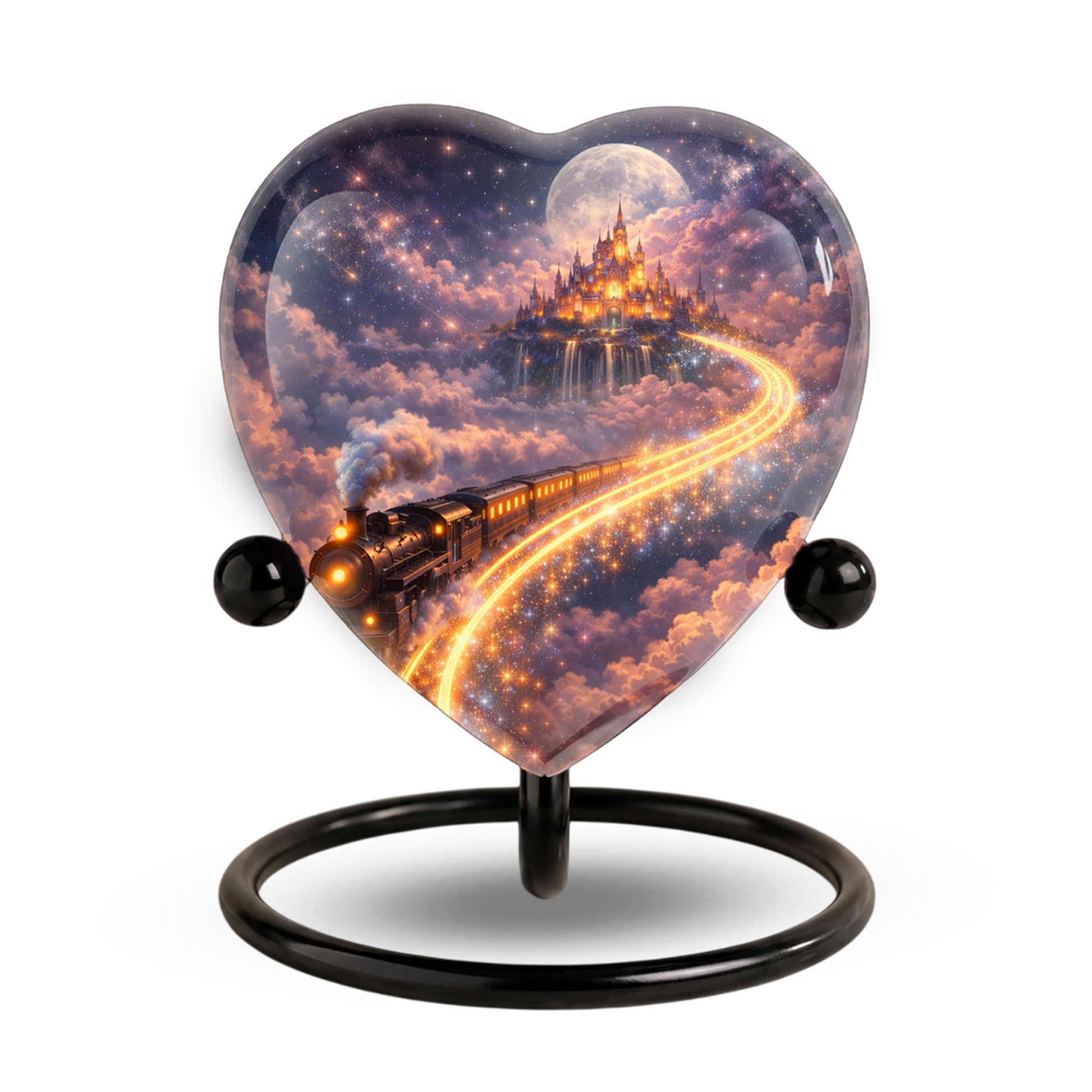 Fantasy Heart Adult Urn for Human Ashes – Enchanted Castle & Train Memorial Adult Cremation Urn