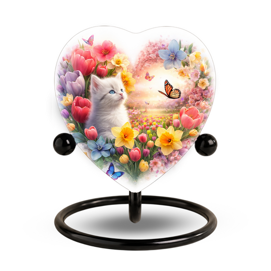 Personalized Cat Urn for Ashes – Heart-Shaped Floral Butterfly Memorial Adult Urn for Cremation Ashes