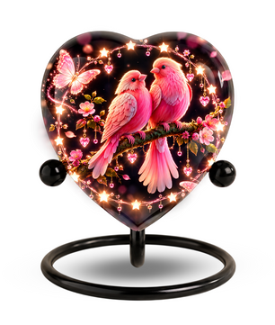 Heart Shaped Pink Birds Urn for Ashes, Butterfly Cremation Urn, Romantic Love Birds Memorial Urn for Human Ashes
