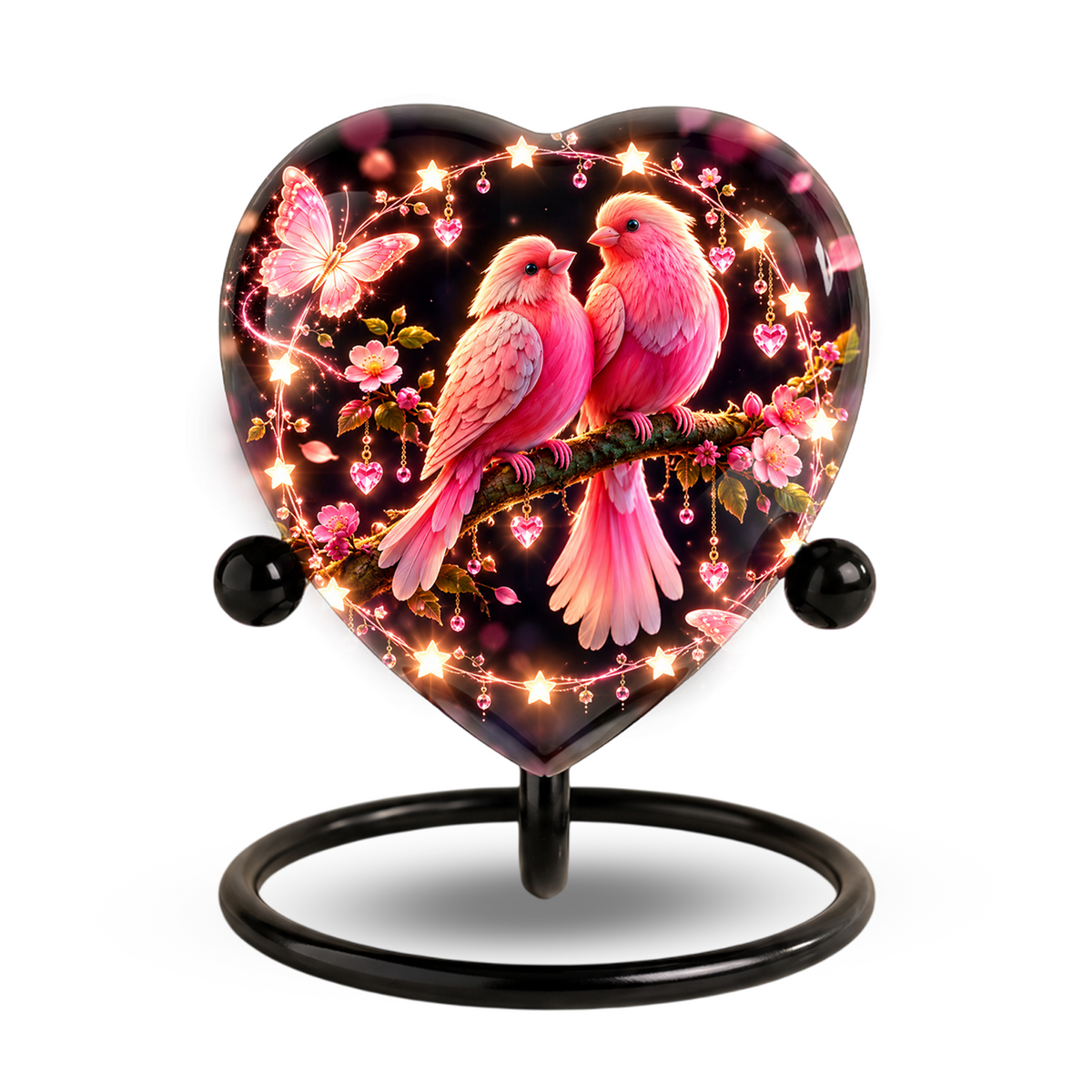 Heart Shaped Pink Birds Urn for Ashes, Butterfly Cremation Urn, Romantic Love Birds Memorial Urn for Human Ashes