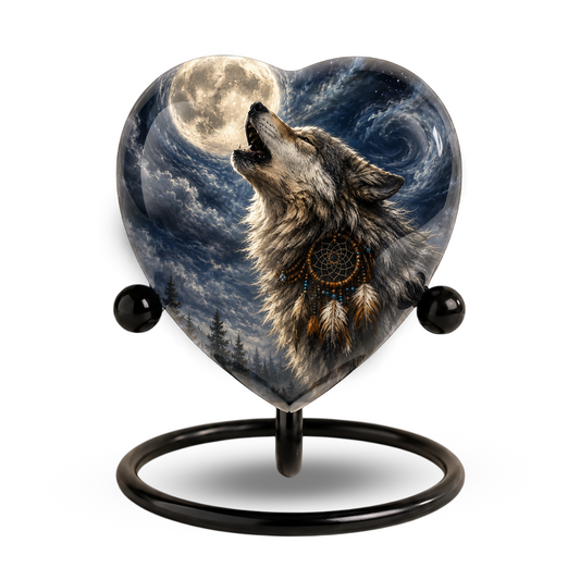 Wolf Heart Adult Urn for Ashes – Howling Wolf Memorial Cremation Urn with Full Moon