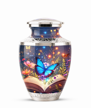 Butterfly Book Cremation Urn for Female - Blue Butterfly Floral Book Urn for Human Ashes