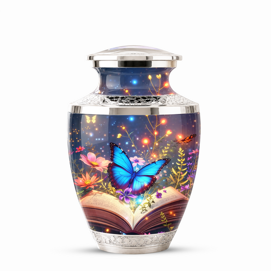 Butterfly Book Cremation Urn for Female - Blue Butterfly Floral Book Urn for Human Ashes